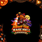 Halloween pumpkin character in kilt drinks from cone, "Aboot Tae Raise Hell" text.