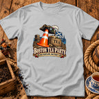 Light gray t-shirt featuring a graphic that reads Boston Tea Party, Nae Scotland, Nae Party.