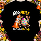 Two cartoon bunnies steal an Easter egg near an orange traffic cone, with text "Egg Heist" and "Nae Scotland, Nae Party."