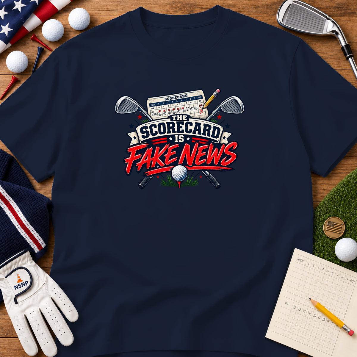 A navy blue t-shirt with a golf graphic featuring crossed clubs, a scorecard, and the text "The Scorecard is Fake News."