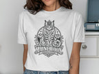 White t-shirt with black graphic of a crowned Maine Coon cat and text "MAINE COON WHISKERS & ATTITUDE".