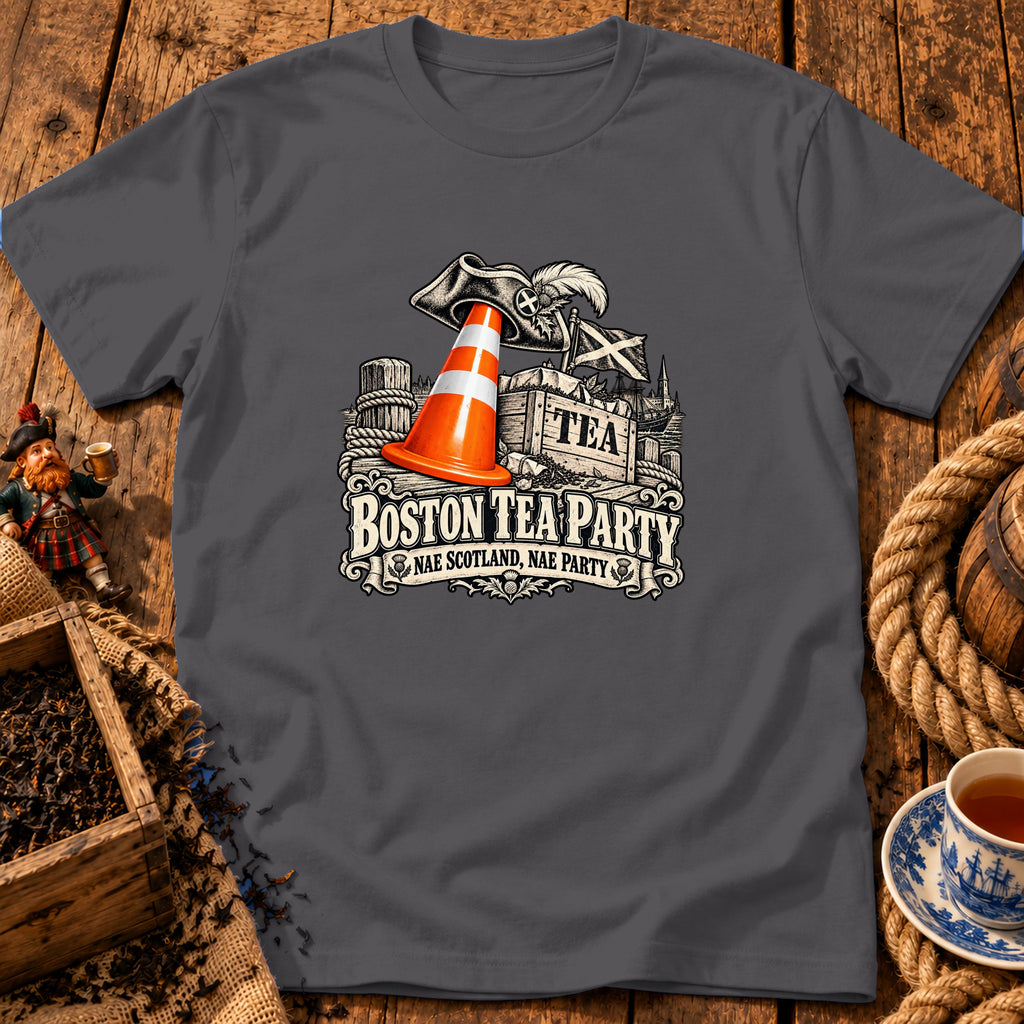 Charcoal gray t-shirt featuring a Boston Tea Party graphic with a traffic cone and Scottish elements.