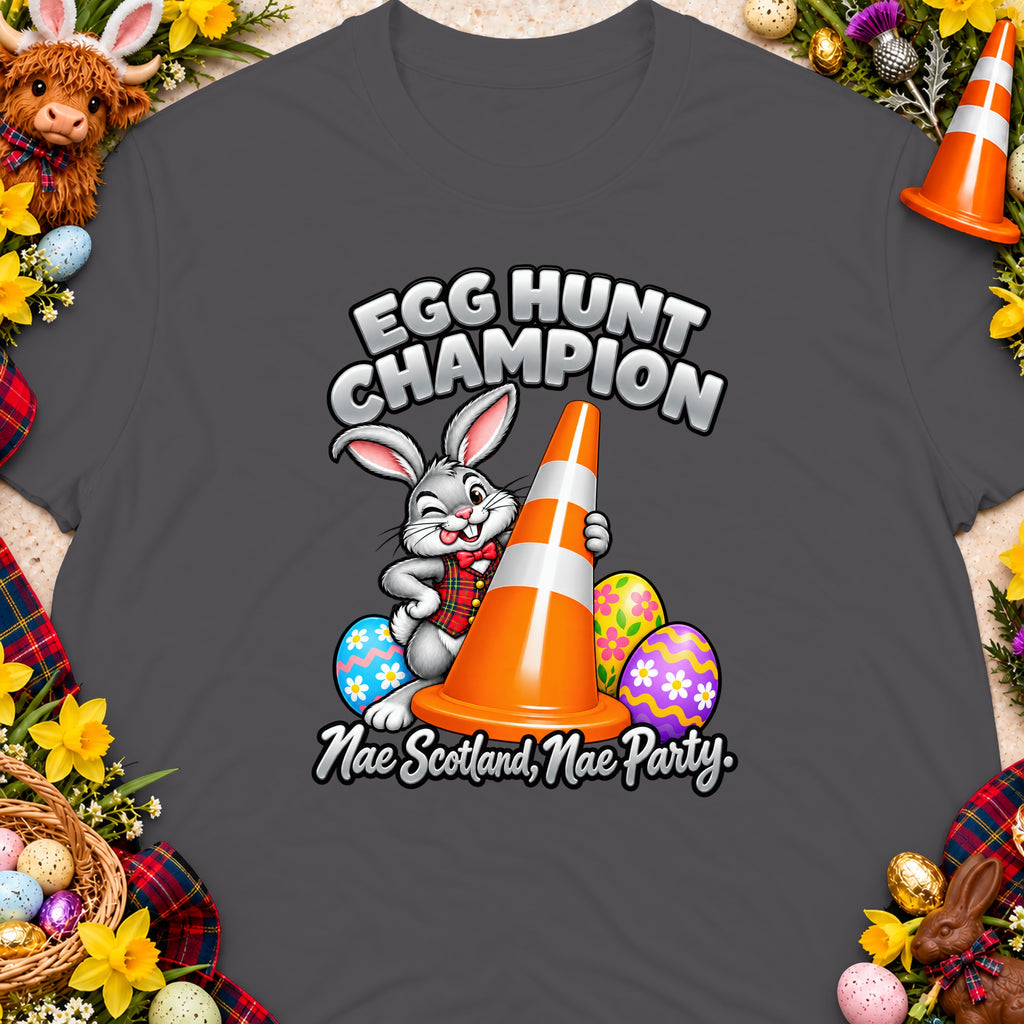 Bunny with traffic cone, text "Egg Hunt Champion" and "Nae Scotland, Nae Party."