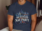 Navy t-shirt with Chicago skyline, Scottish and US flags, and text "Nae Scotland Nae Party".