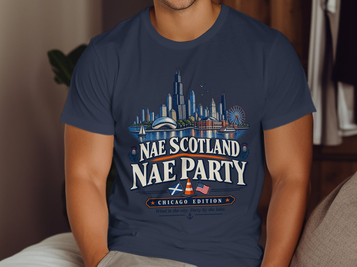 Navy t-shirt with Chicago skyline, Scottish and US flags, and text "Nae Scotland Nae Party".
