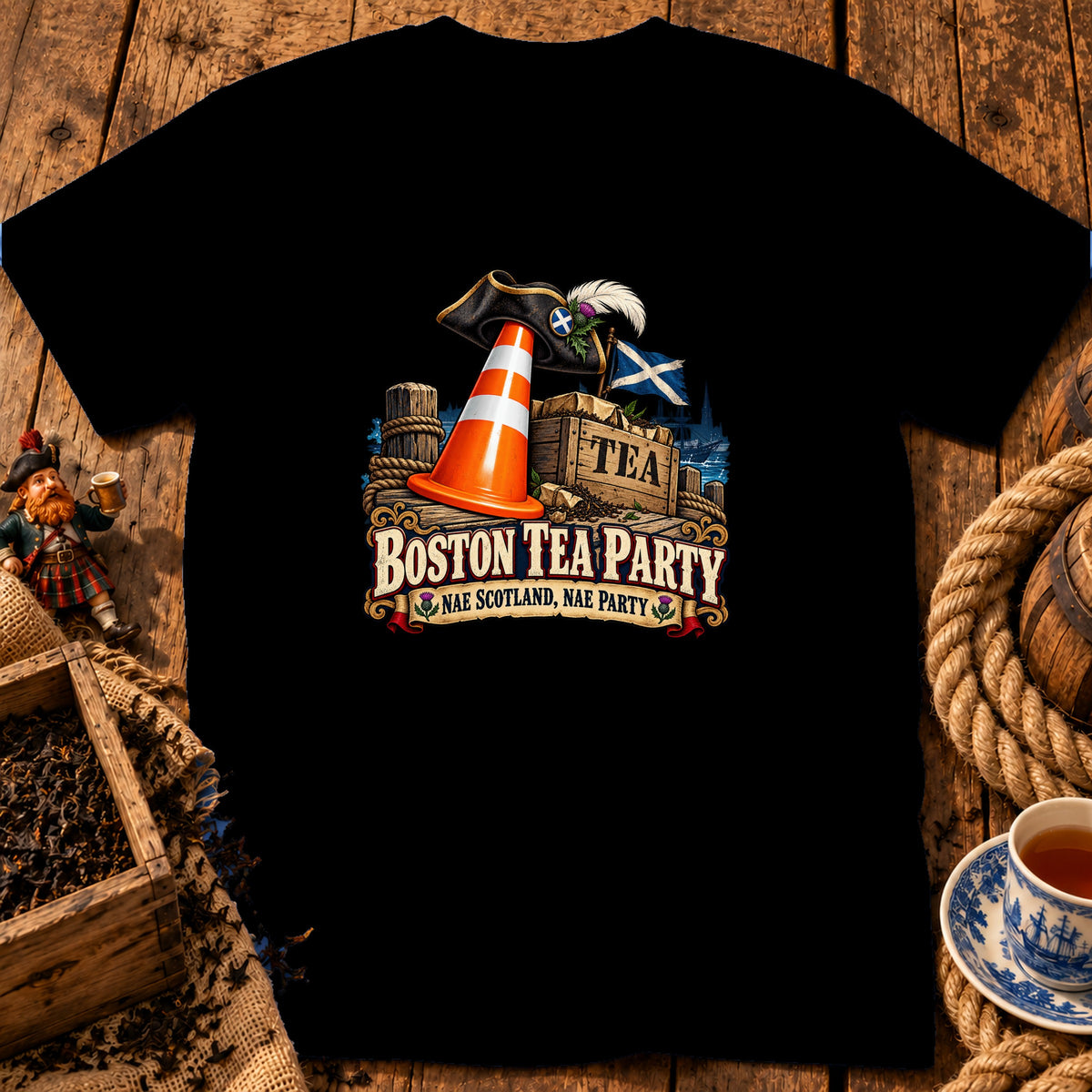 A black t-shirt features a graphic with a traffic cone in a pirate hat, a tea crate, and the text Boston Tea Party Nae Scotland, Nae Party.