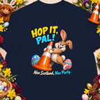 A cartoon bunny holds an orange traffic cone with "Hop it, Pal!" text.
