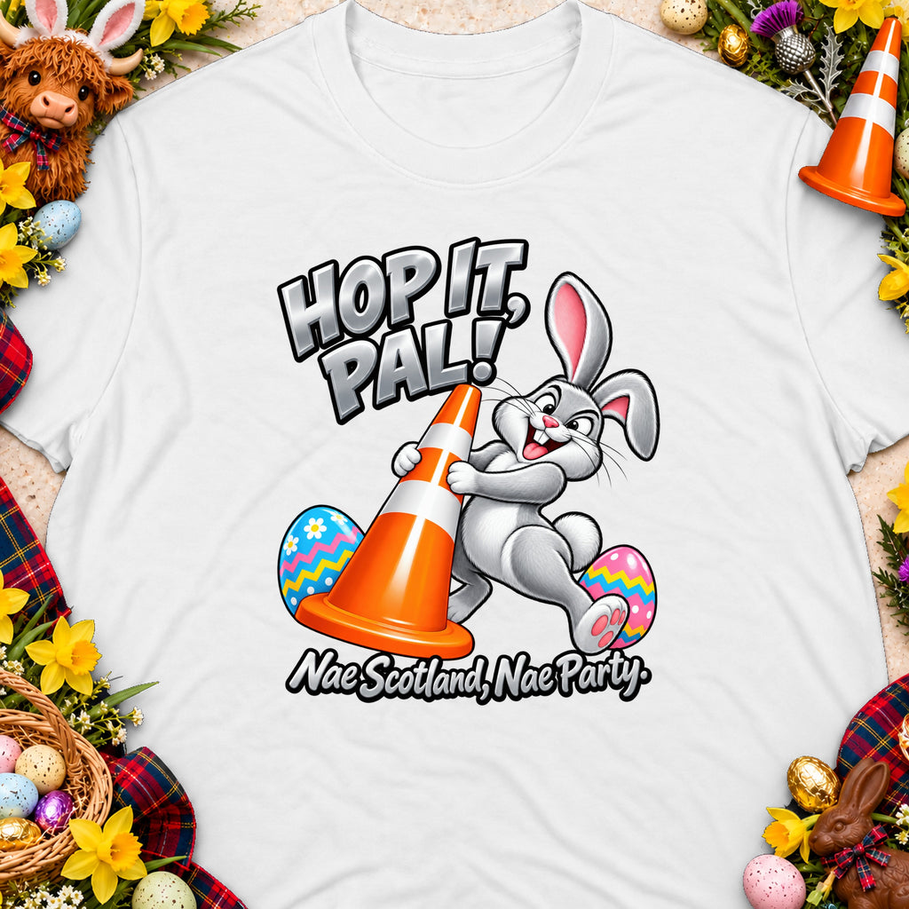 Cartoon bunny with traffic cone and Easter eggs, text "Hop It Pal!"