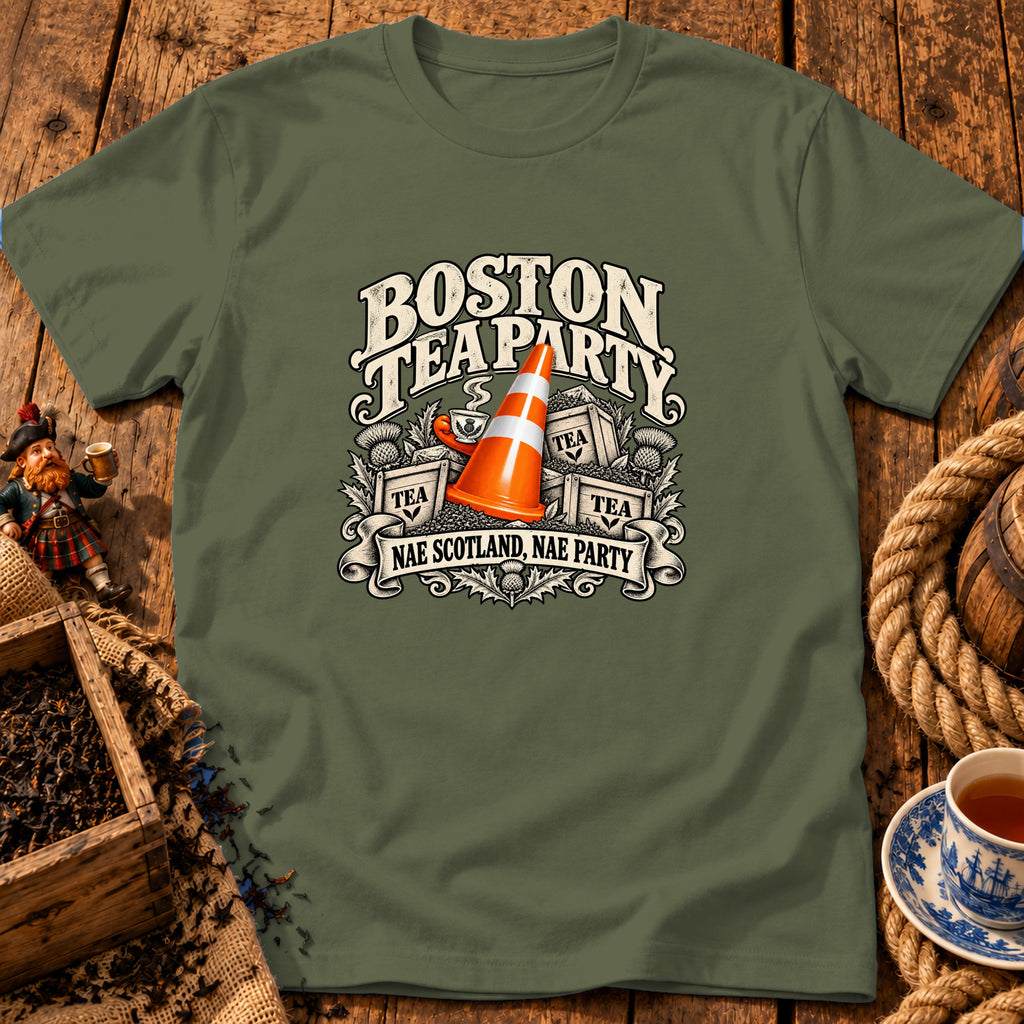 Olive green t-shirt with a vintage graphic featuring crates of tea, a traffic cone, and text reading Boston Tea Party Nae Scotland Nae Party.