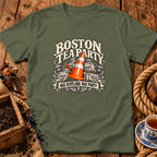 Olive green t-shirt with a vintage graphic featuring crates of tea, a traffic cone, and text reading Boston Tea Party Nae Scotland Nae Party.