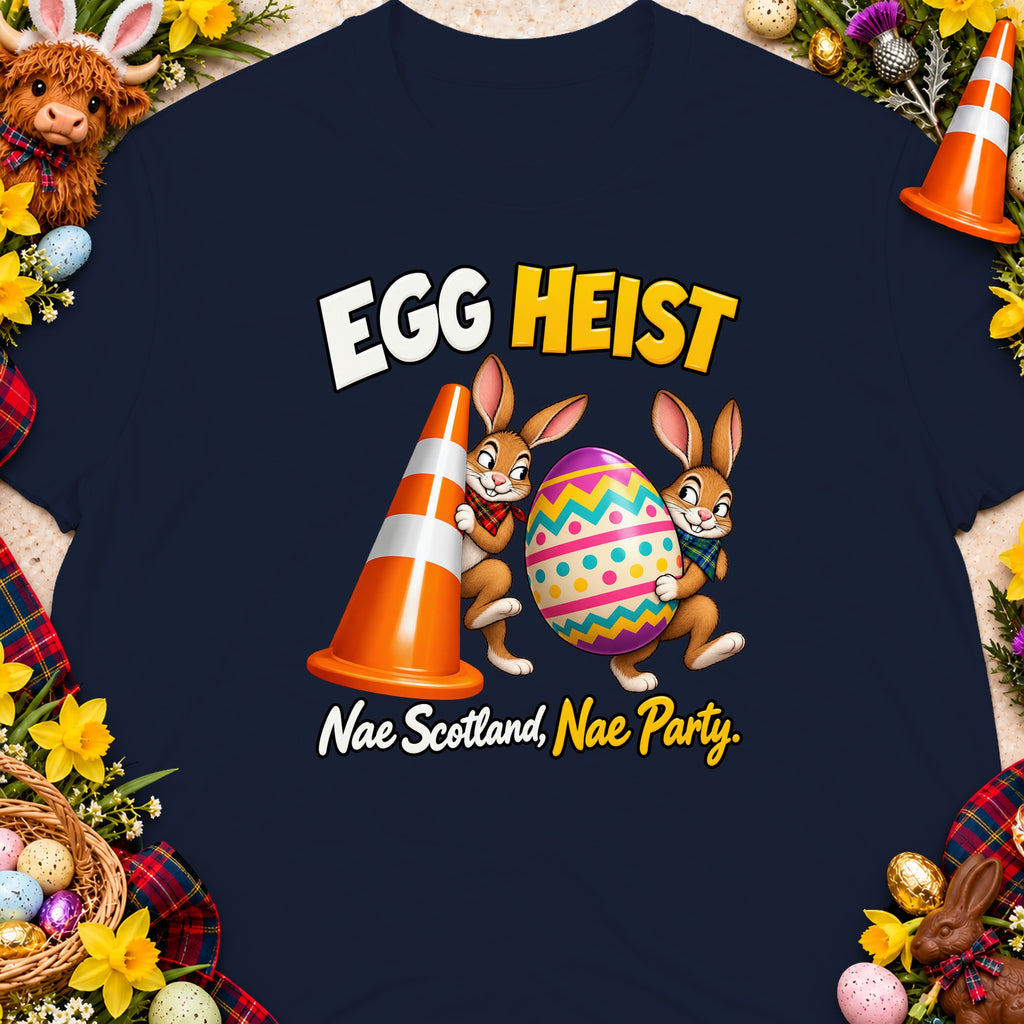 Two cartoon bunnies carrying a traffic cone and an Easter egg with text "EGG HEIST".