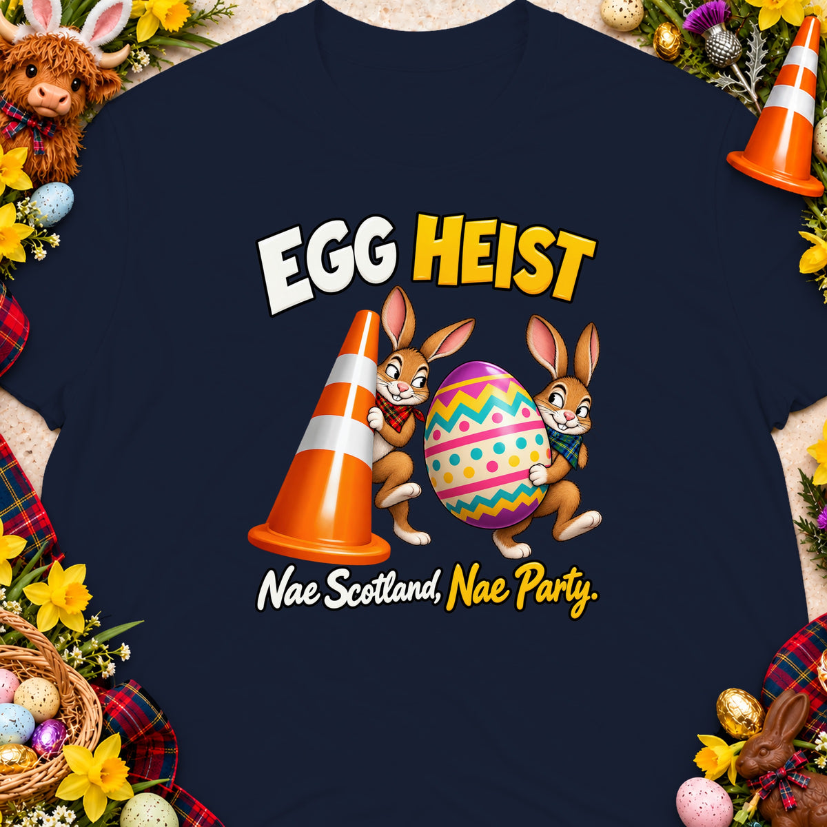 Two cartoon bunnies carrying a traffic cone and an Easter egg with text "EGG HEIST".