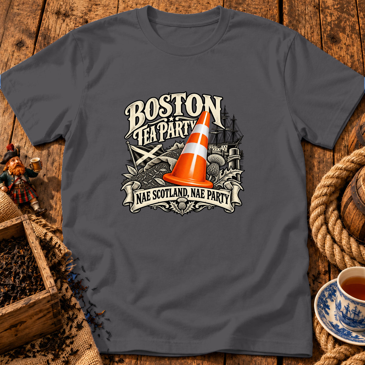 Charcoal grey t-shirt featuring a Boston Tea Party graphic with a traffic cone and Scottish flag.