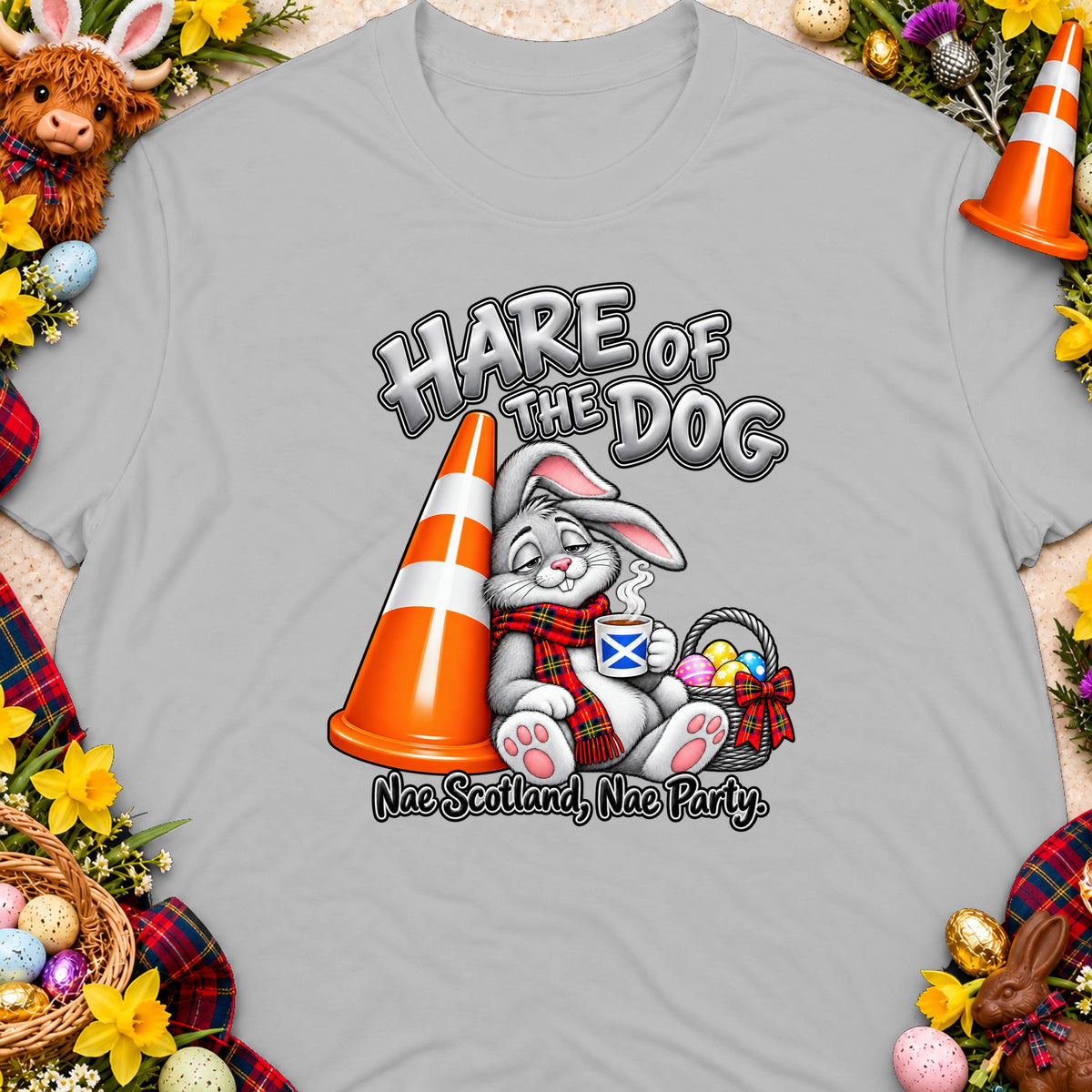 Cartoon rabbit with Scottish flag mug leans on traffic cone, text "Hare of the Dog".