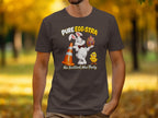 T-shirt graphic: rabbit holding ornate egg, chick, traffic cone, and text.