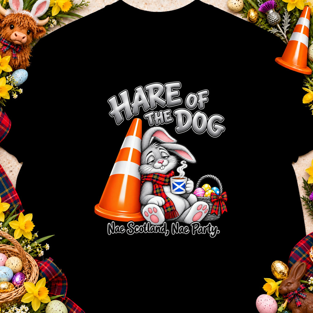 A rabbit with a Scottish flag mug leans against a traffic cone, text "HARE OF THE DOG".