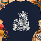Navy t-shirt with a striped cat illustration and the text "LOYAL FRIEND".