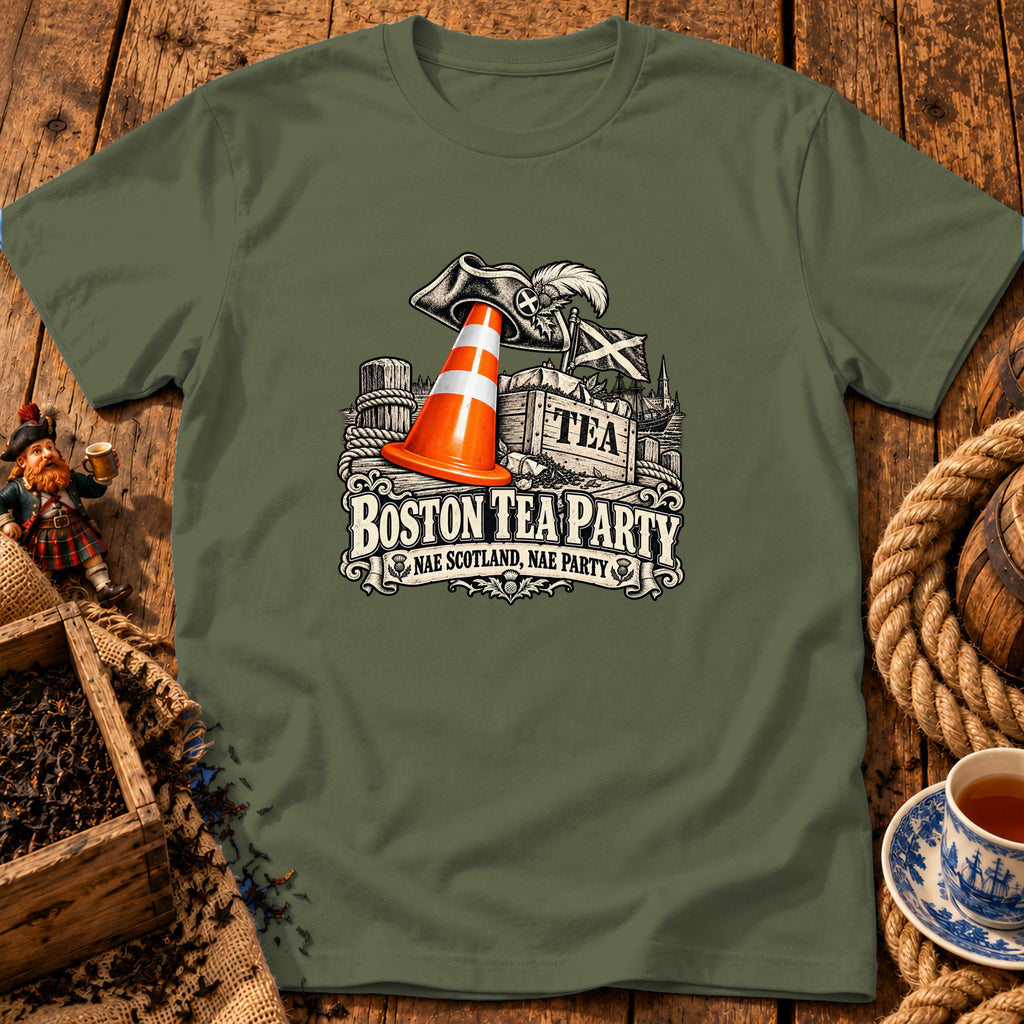 Olive green t-shirt with a graphic of a traffic cone, pirate hat, and text reading Boston Tea Party, Nae Scotland, Nae Party.