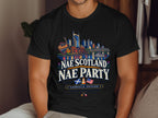 Black t-shirt with Nashville skyline, guitar, flags, and "Nae Scotland Nae Party" text.
