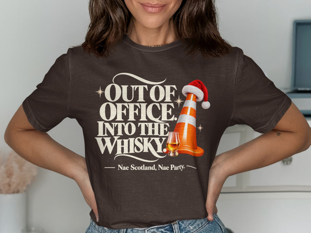 Brown t-shirt with "Out of Office. Into the Whisky." text and traffic cone.