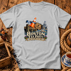Light gray t-shirt with a Boston Tea Party graphic featuring a Scottish theme and a traffic cone.