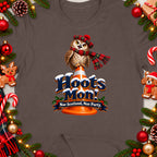 Owl wearing tartan hat and scarf sits on traffic cone with "Hoots Mon!" text.