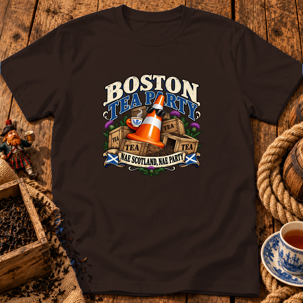 Dark brown t-shirt featuring a graphic with crates of tea, a traffic cone wearing sunglasses, and text reading Boston Tea Party Nae Scotland, Nae Party.