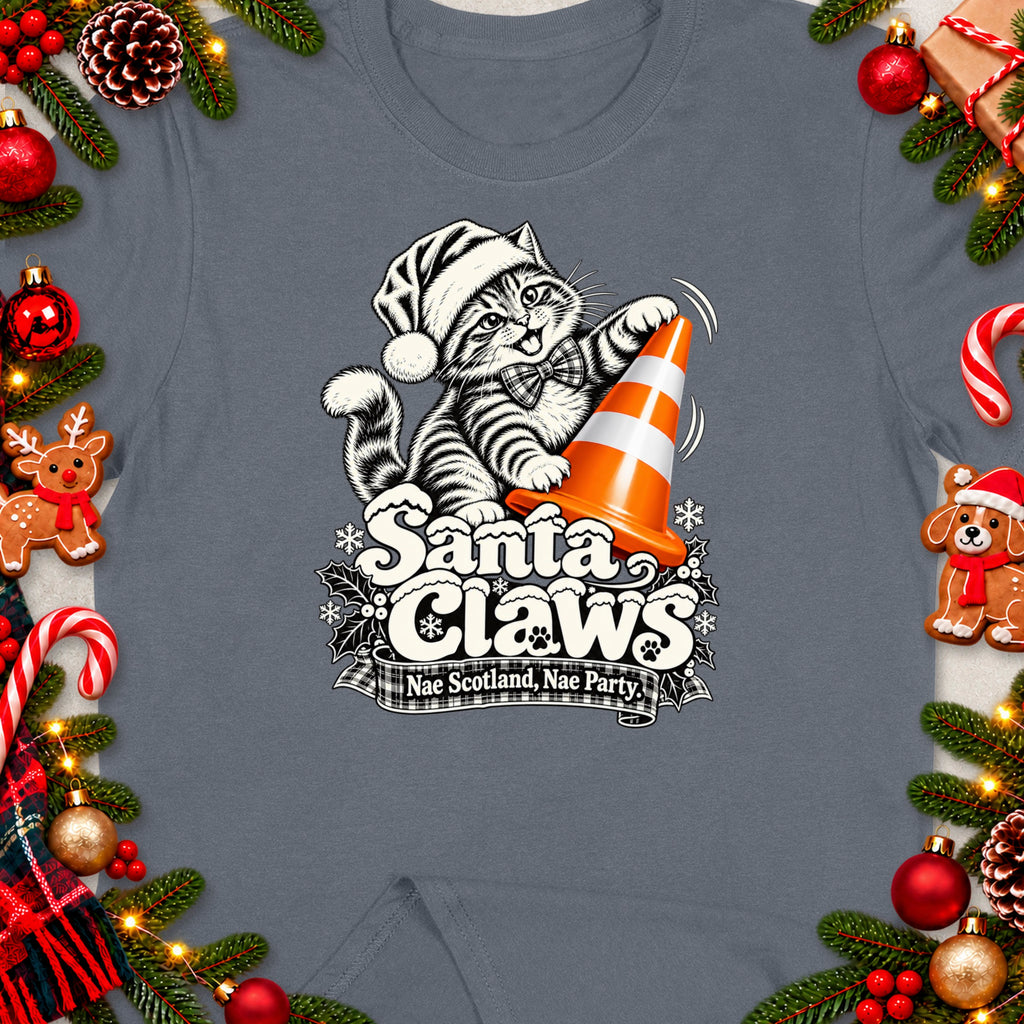 T-shirt with Santa Claws graphic of cat with traffic cone, text "Nae Scotland, Nae Party."