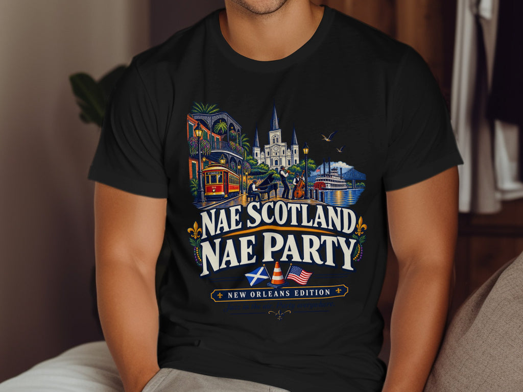 Nae Scotland Nae Party New Orleans Edition shirt with jazz musicians and New Orleans landmarks.