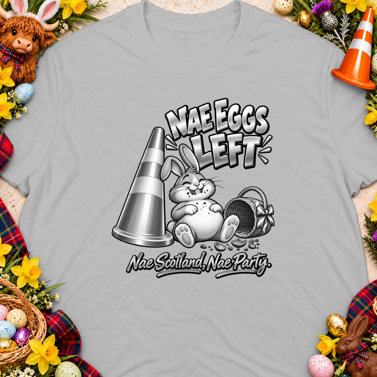 T-shirt with a cartoon bunny and traffic cone, reading "NAE EGGS LEFT" and "Nae Scotland, Nae Party."