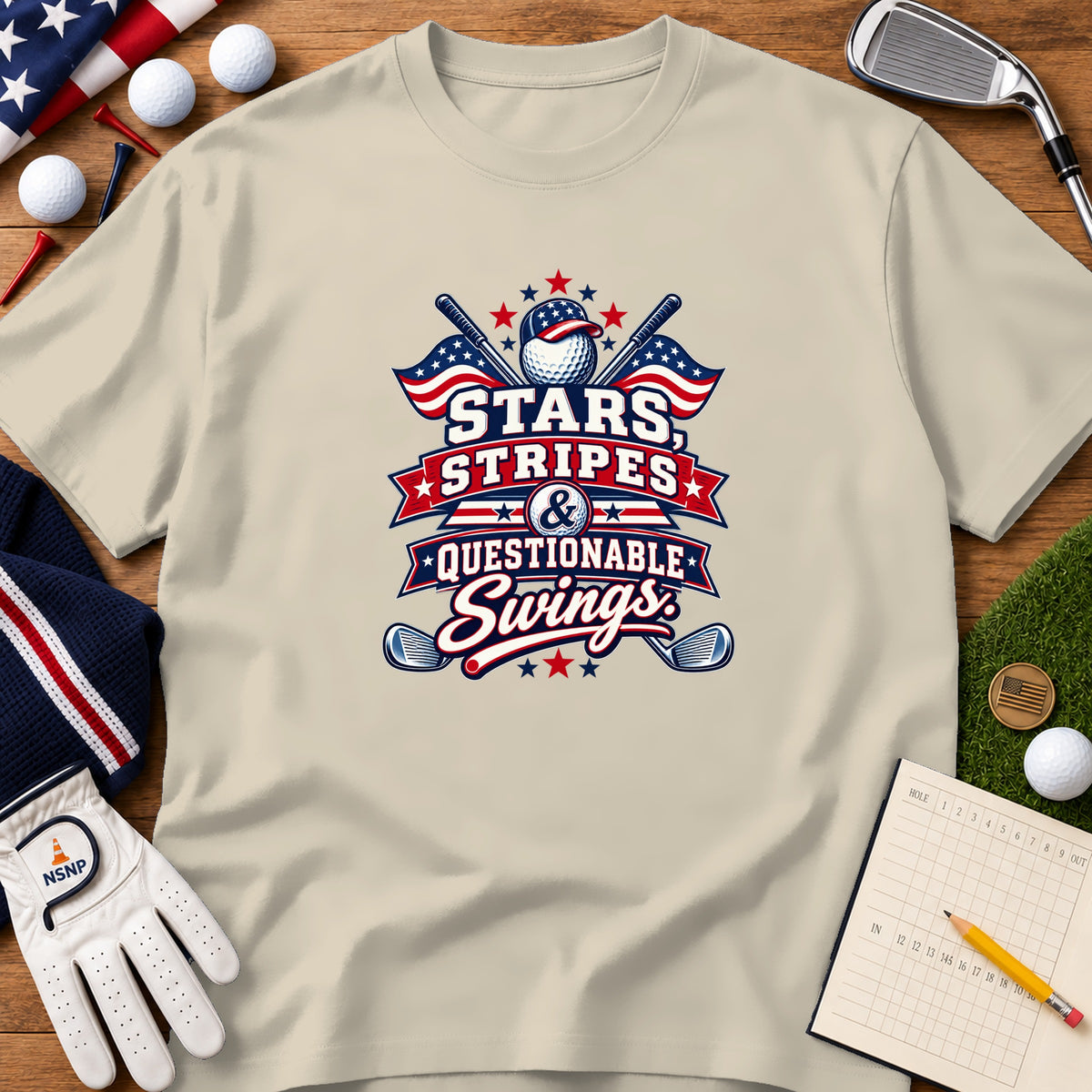 Beige t-shirt featuring a graphic with golf and patriotic elements, surrounded by golf balls, a glove, and a scorecard.