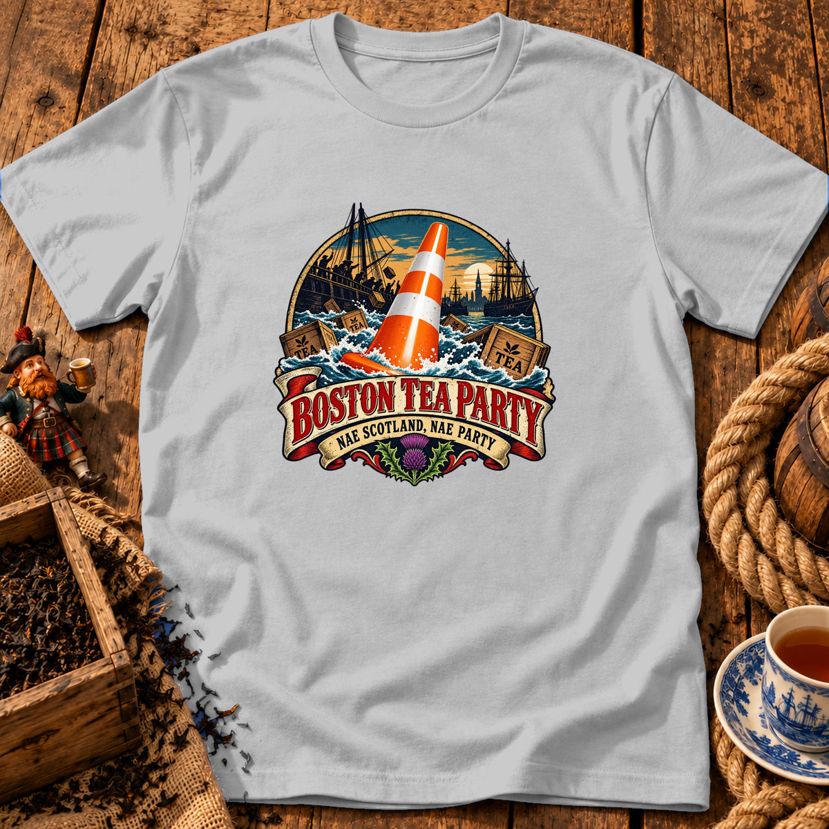 A light gray crewneck t-shirt featuring a Boston Tea Party graphic with a traffic cone.