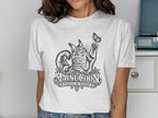 White t-shirt with Maine Coon cat and butterfly graphic and text.