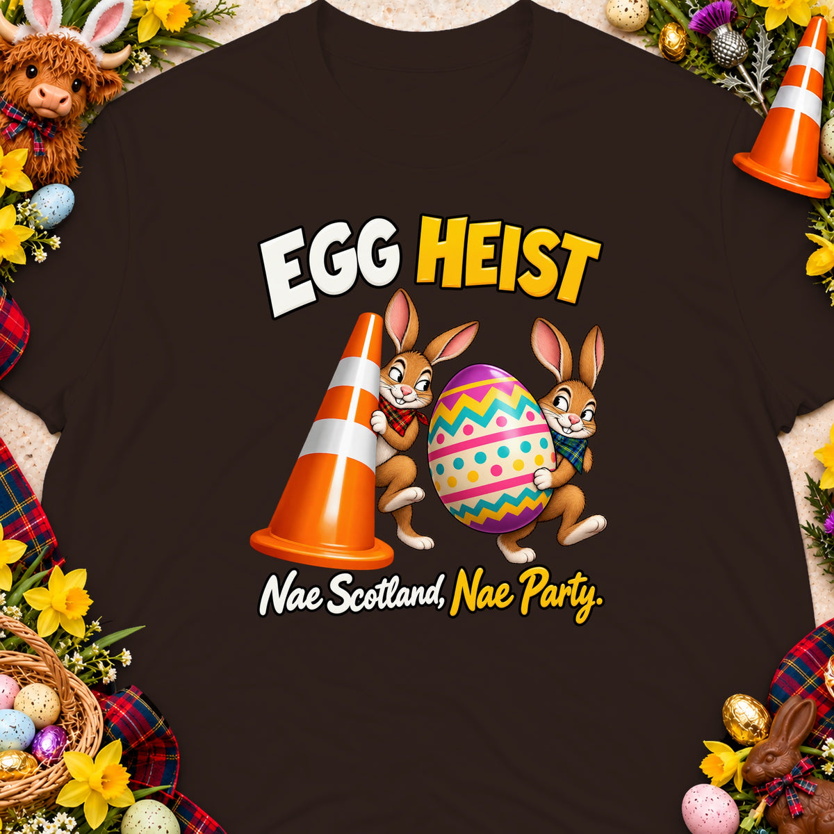 Two rabbits steal a colorful egg, with "Egg Heist" and "Nae Scotland, Nae Party" text.