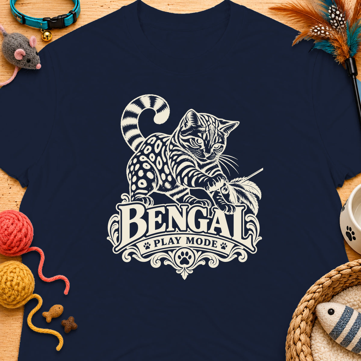 Bengal cat graphic with "Bengal Play Mode" text on navy t-shirt.