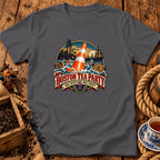 Dark gray t-shirt featuring a graphic of a traffic cone among tea crates, ships, and text.