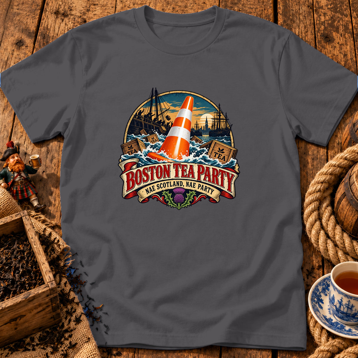 Dark gray t-shirt featuring a graphic of a traffic cone among tea crates, ships, and text.