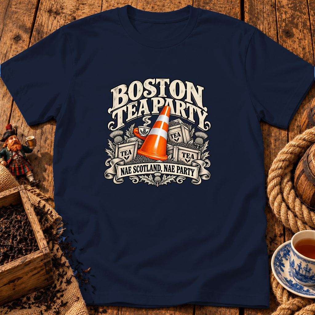 Navy blue t-shirt featuring a graphic with a traffic cone, tea crates, and the text Boston Tea Party Nae Scotland, Nae Party.