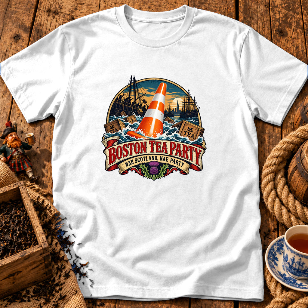 White t-shirt featuring a circular graphic with a traffic cone, ships, tea crates, and Boston Tea Party text.