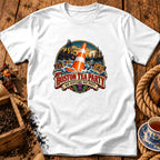 White t-shirt featuring a circular graphic with a traffic cone, ships, tea crates, and Boston Tea Party text.