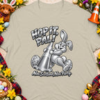 T-shirt graphic of a cartoon rabbit holding a traffic cone with text "Hop It, Pal!" and "Nae Scotland, Nae Party."