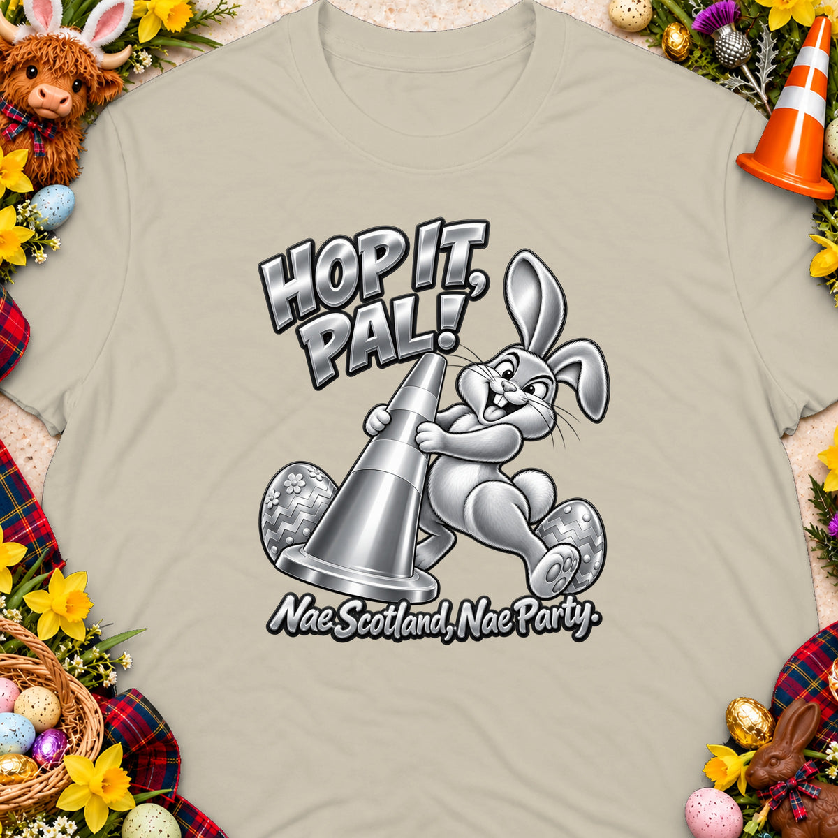 T-shirt graphic of a cartoon rabbit holding a traffic cone with text "Hop It, Pal!" and "Nae Scotland, Nae Party."