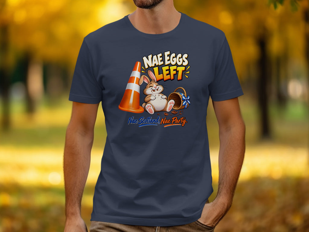 Dark blue t-shirt with illustration of a bunny and "Nae Eggs Left" text.