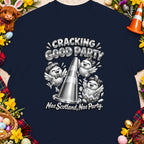 Three chicks celebrate around a traffic cone with text "Cracking Good Party".