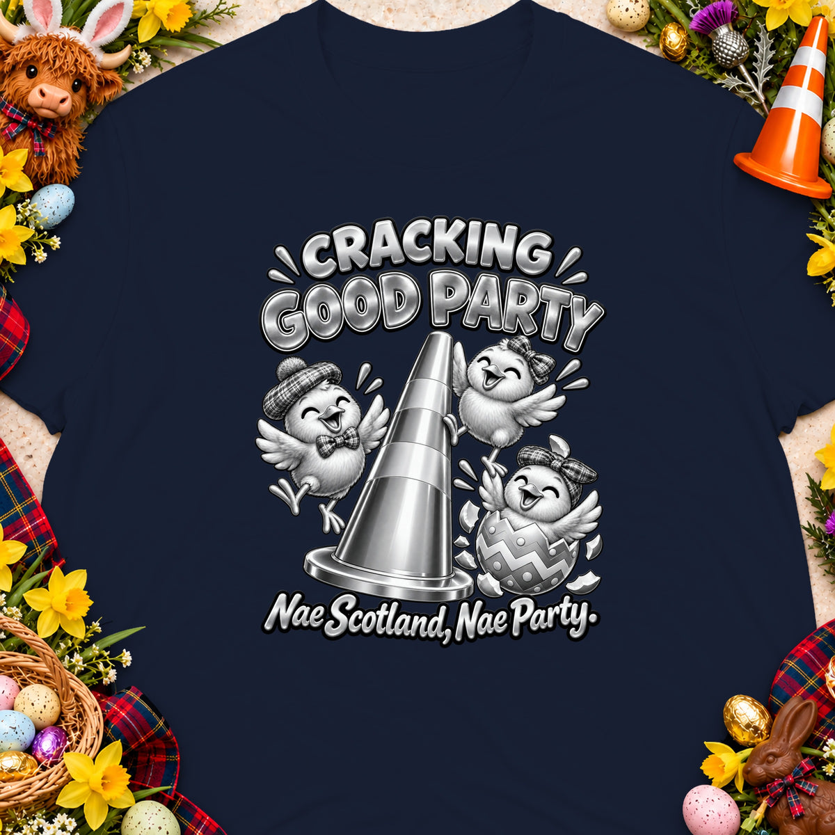 Three chicks celebrate around a traffic cone with text "Cracking Good Party".