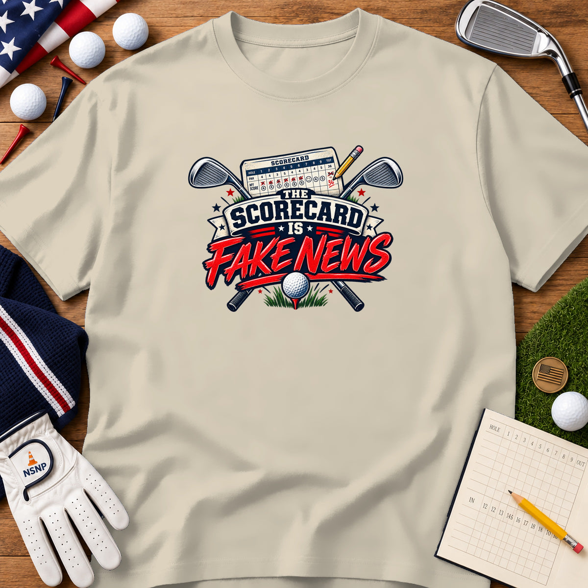Beige t-shirt featuring a golf graphic with crossed clubs, a scorecard, and the text "The Scorecard is Fake News."