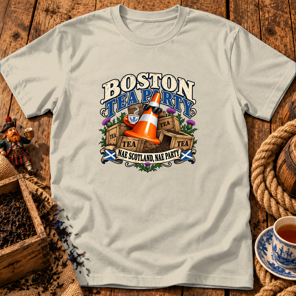 A light grey t-shirt featuring a Boston Tea Party graphic with a traffic cone holding a teacup.