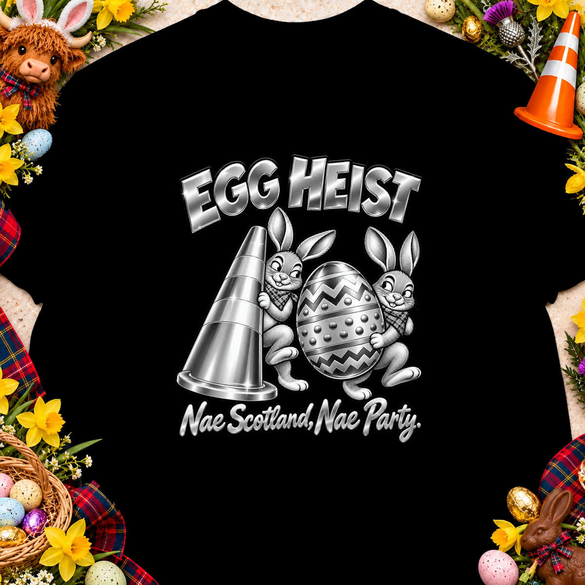 Two cartoon bunnies steal a large patterned Easter egg, with "EGG HEIST" and "Nae Scotland, Nae Party." text.
