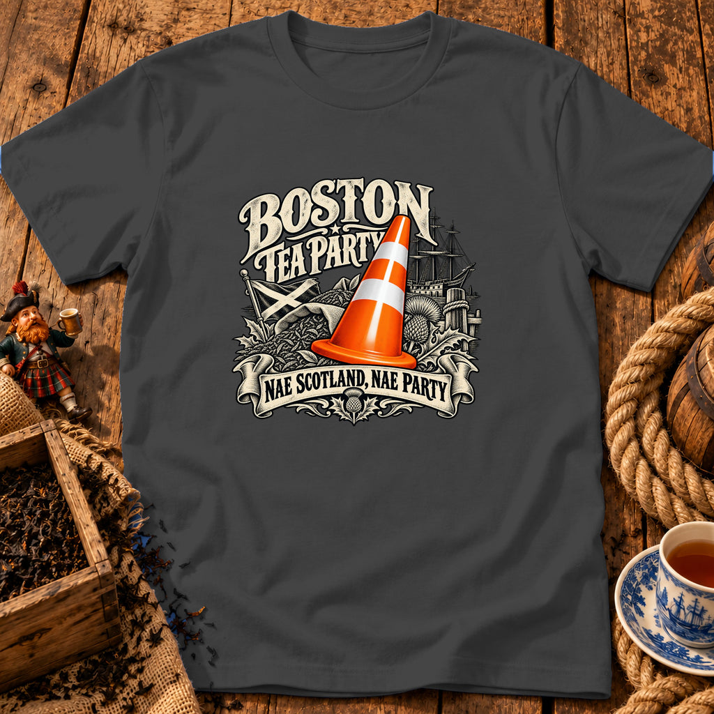 Dark gray t-shirt featuring a Boston Tea Party graphic with a traffic cone replacing crates.