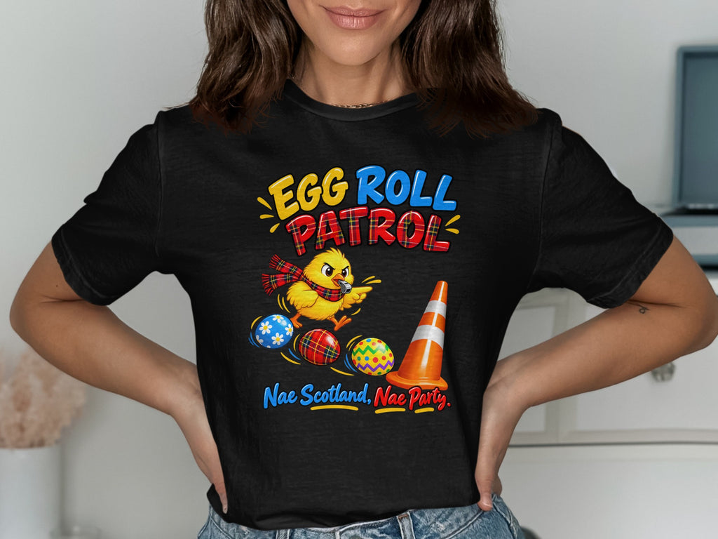 Black t-shirt with "Egg Roll Patrol" text, a chick, Easter eggs, and a traffic cone.
